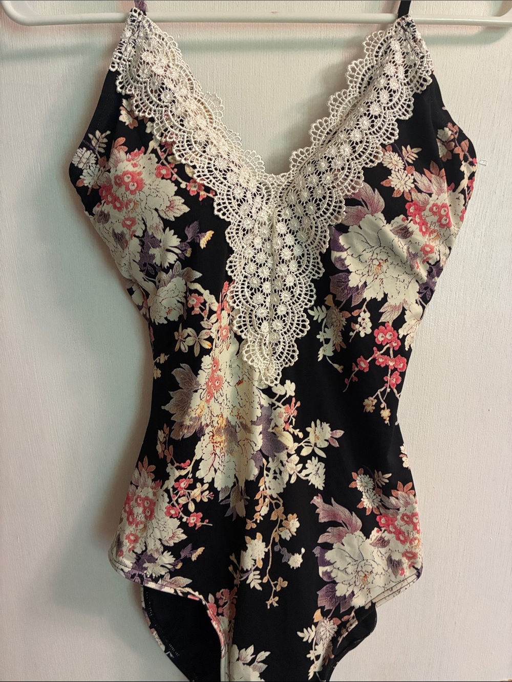 Sundance Black Floral One-Piece Swimsuit with Cream Lace Trim